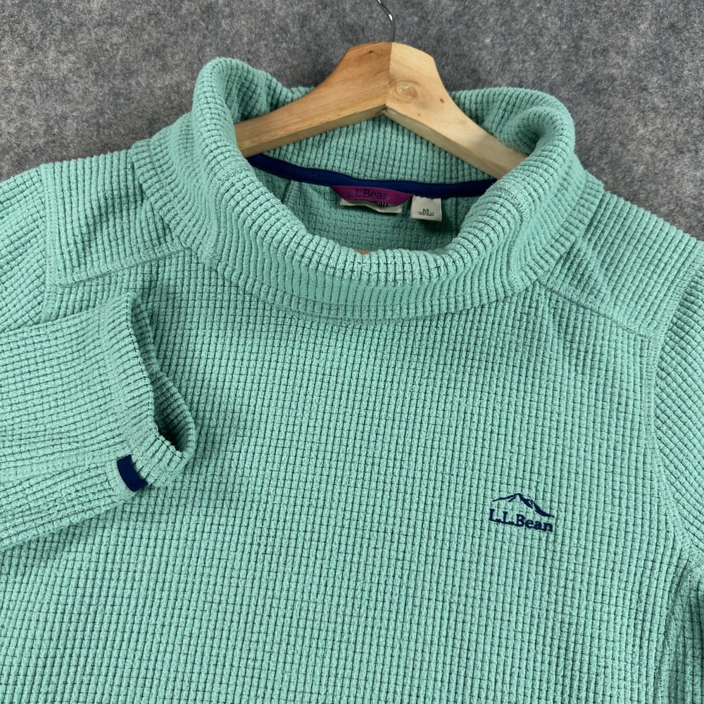LL Bean Waffle Fleece Pullover Womens Medium Green Cowl Neck Zip Pockets Outdoor